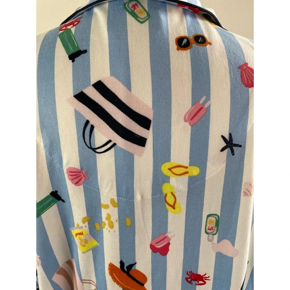 NEW Kate Spade Womens XL Blue Stripe Floral Sleep Top Pajama Shirt